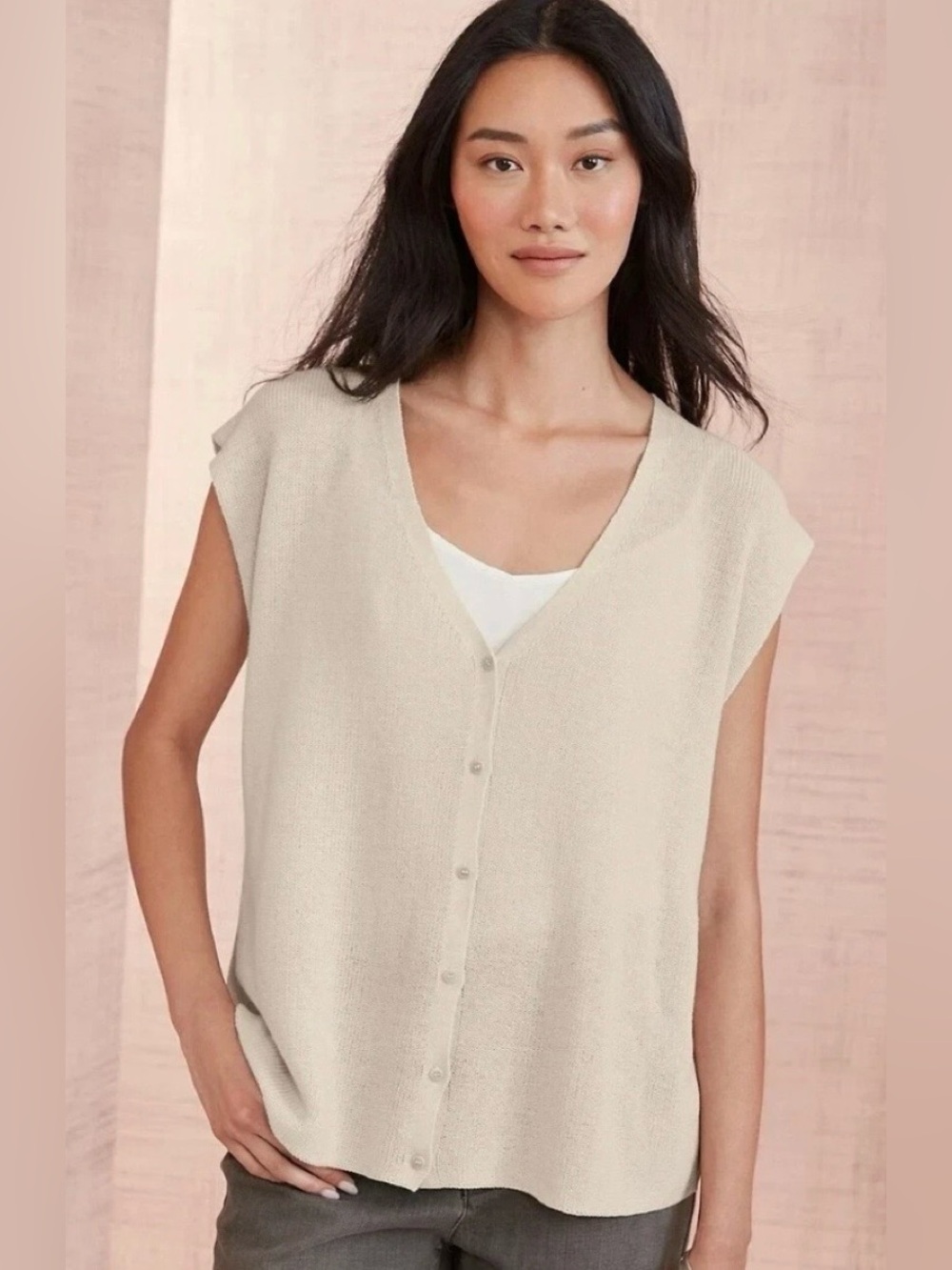 Eileen Fisher Ivory Organic Cotton Knit Button Down Vest